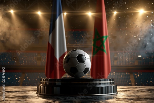 Close up of a soccer ball on a podium with France and Morocco flags in a bright stadium scene