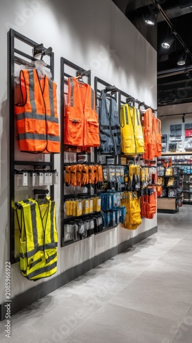 Safety vests and gloves displayed on wall in modern retail store for workwear and safety equipment