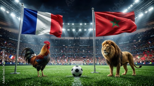 France and Morocco flags with a rooster and a lion on a soccer field in a crowded sports stadium