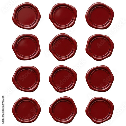 Twelve red wax seals isolated on transparent background for classic invitation card design