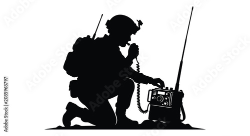 Foto Soldier With Radio Silhouette Against White Background