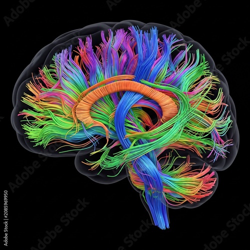 Photorealistic MRI diffusion tensor tractography of brain white matter fiber tracts. Rainbow colored pathways with blue corticospinal tract and orange corpus callosum on dark background. Fine art.
