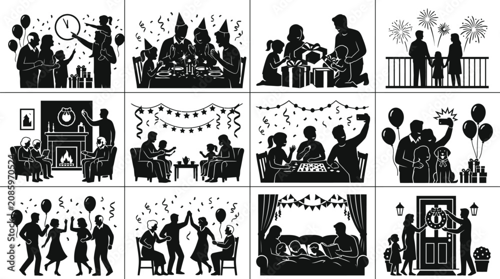 Fototapeta premium New Year Celebration Party Silhouette Scene Collection Vector Bundle