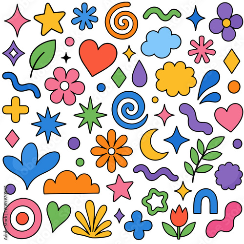 Colorful Fun Abstract Doodle Art Style Icon Set Vector Illustration on a Transparent Background