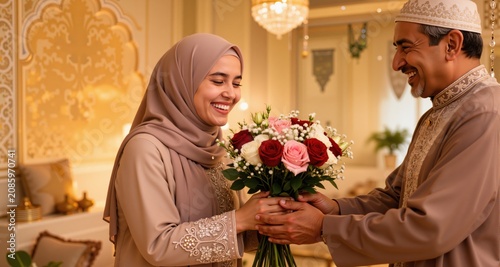 Happy muslim woman getting flowers as a gift from her relative on muslim celebration
