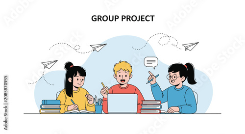 Group of school students working together on a collaborative academic project with laptop and books in classroom.