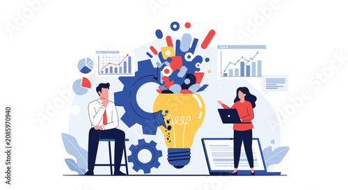 Business professionals collaborating around a massive light bulb with colorful creative ideas popping out of it.