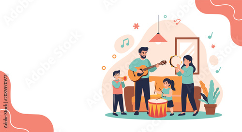 Happy family creating a musical band and playing various instruments together in their cozy living room at home.