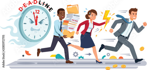 Stressed business people running from deadline clock, overwhelmed corporate team rushing with paperwork vector.