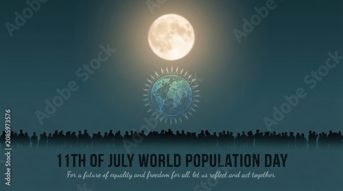 World population day concept with a crowd of people silhouettes, a glowing globe surrounded by walking figures, and a full moon in the dark sky