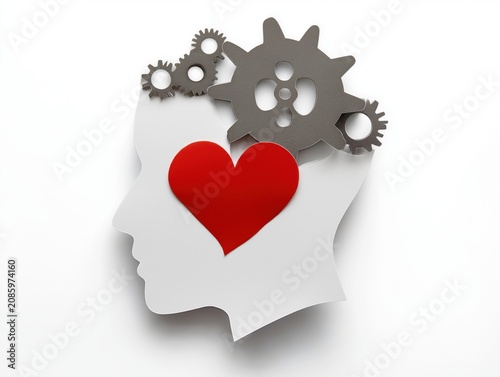 A paper silhouette represents a human head with gears and a heart shown to illustrate mental health and emotional intelligence themes