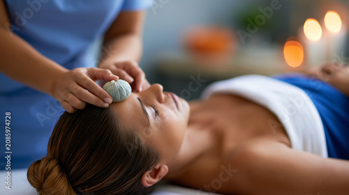 Faceless therapist performing a concentrated herbal powder bolus treatment on a lying woman on a medical bed, focused application of the therapeutic compress, defocused clinical