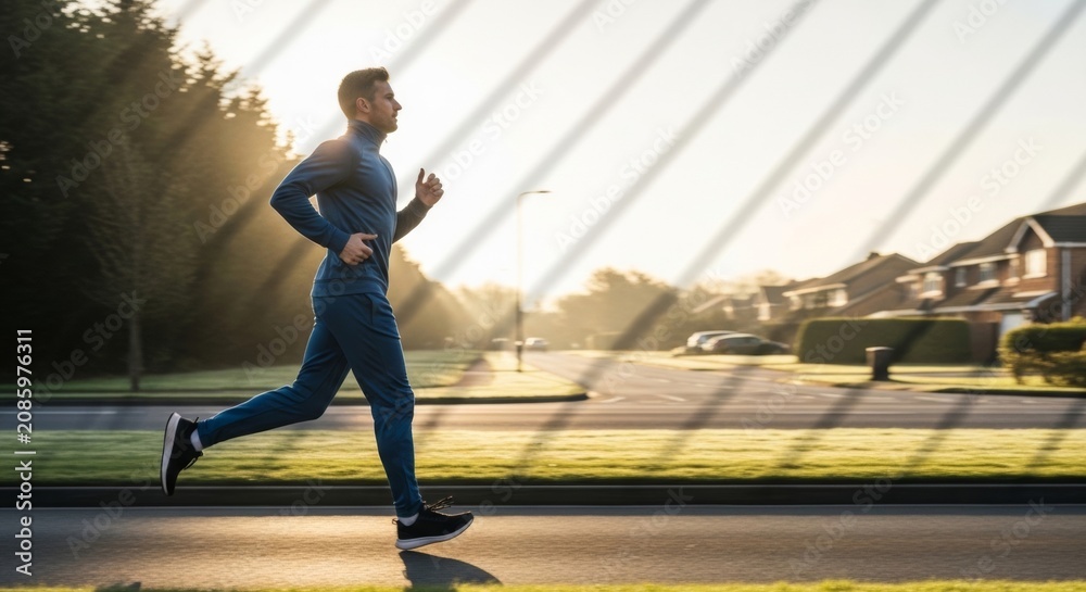 Obraz premium Man running at sunrise in suburban neighborhood, healthy lifestyle and fitness motivation