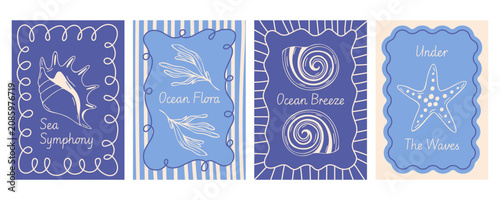 Summer marine vector poster set with conch shell, sea star, seaweed, spiral snail, wavy frame, stripe, hand drawn vector, blue mediterranean line art, retro flat style for seashell card print.