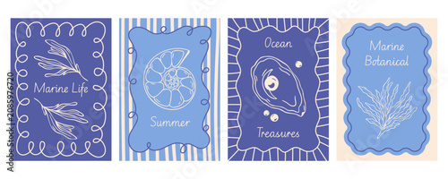 Seashell poster set with nautilus shell, oyster pearl, seaweed, curly frame, stripe background, hand drawn vector, blue mediterranean line art, retro flat style. Summer beach design for greeting card