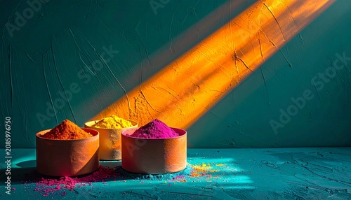 Bright powders in round containers on teal surface with vibrant color contrast