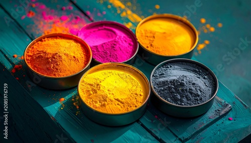 Bright powders in round containers on teal surface with vibrant color contrast