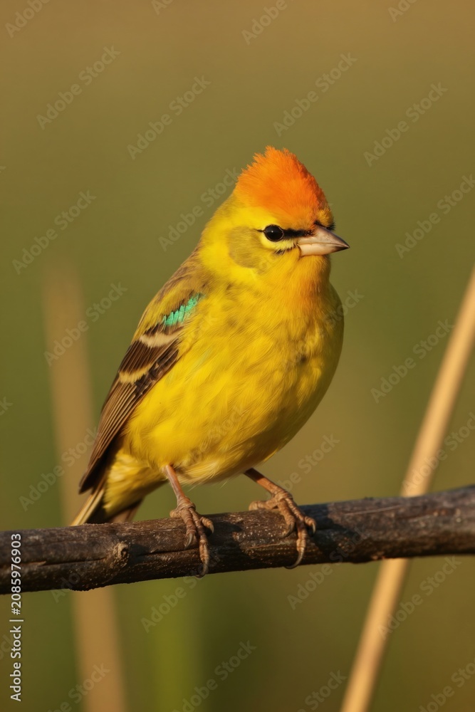 Fototapeta premium Vibrant yellow bird perches on dark branch. Orange crest adorns head plumage displays subtle blue accents. Wildlife portrait shows detail of feathers, beak, eye. Natural habitat backdrop creates calm