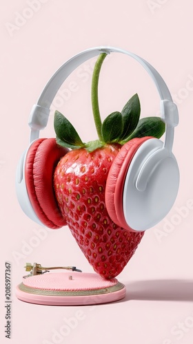 Strawberry wearing headphones and listening to music from a miniature record player, creating a surreal and whimsical scene blending fruit, sound, and technology