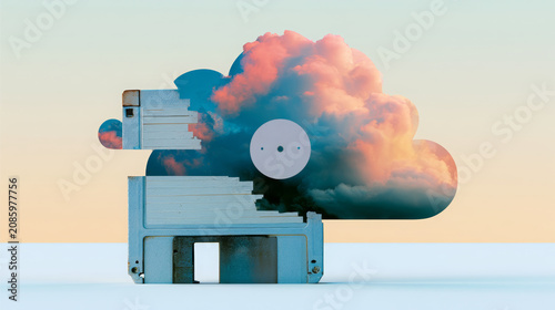 Floppy disk half transforming into a vibrant cloud, symbolizing the evolution of data storage from physical hardware to modern cloud computing technology and digital archiving