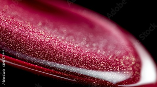 Shimmering scarlet cosmetic fluid creating an abstract macro liquid texture with sparkling glitter particles, representing beauty, luxury, and vibrant glamor on a dark background