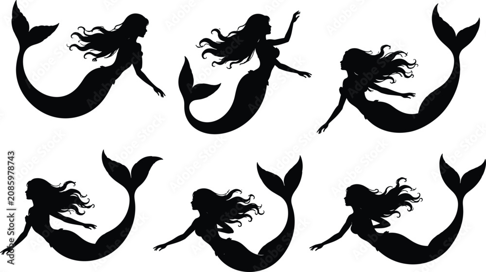 Fototapeta premium Mermaid silhouettes in graceful underwater poses with flowing hair and curved tails