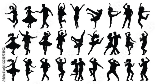 Tableau sur toile Dancing figures silhouette collection on a white background