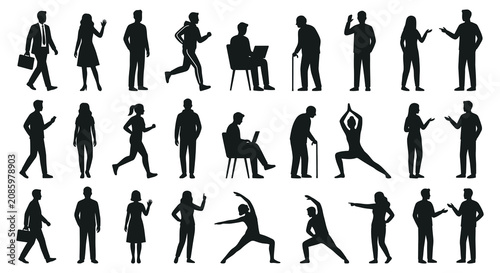 Fotografie Human silhouettes in various poses black vector illustration on white background