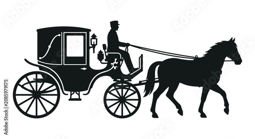 Fotografía Horse drawn carriage silhouette against a white background