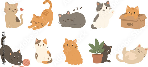 Canvastavla Cute Cat Poses Flat Icon Set Vector Illustration