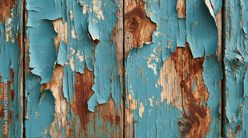 Turquoise blue peeling paint on old boards, close-up