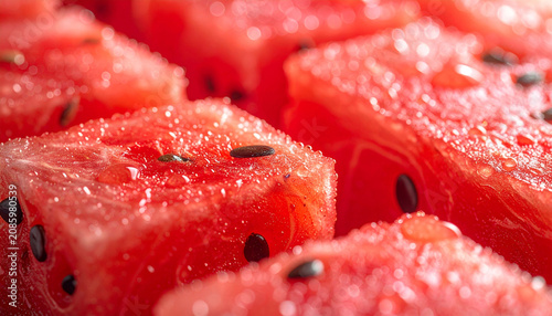 A refreshing and vibrant close-up macro view of succulent, moisture-rich watermelon cubes, capturing the glistening texture of the ripe, juicy red fruit pieces adorned with small black seeds.