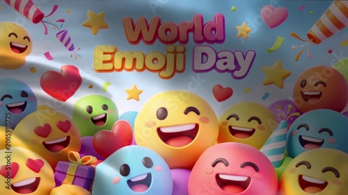 Vibrant World Emoji Day celebration with diverse happy faces confetti and party poppers perfect for social media, digital marketing and commercial uses