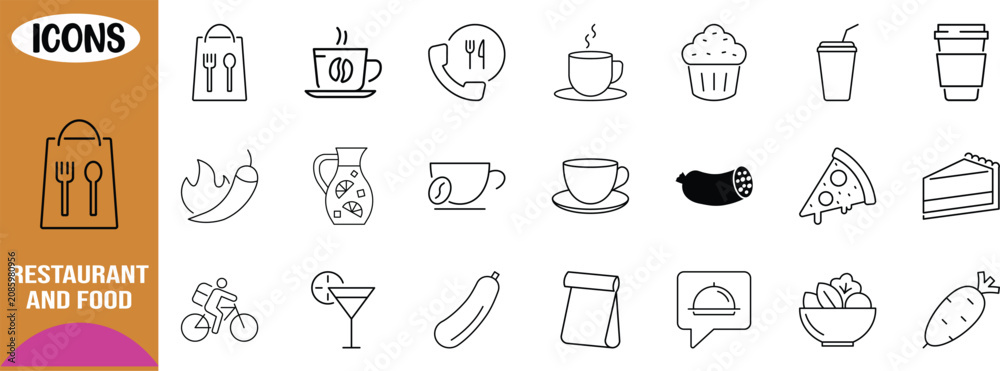 Naklejka premium Restaurant and food outline icons. pancakes icon set, coffee icon set, ice cream icon set