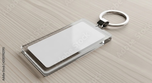 Clear acrylic rectangle keychain mockup on wood.