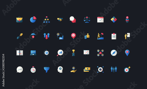 Gradient flat style icons set with business process, workflow, management, finance, teamwork, analytics, and planning elements on dark UI background vector illustration.