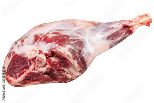 fresh meat for roasting or grilling: a raw leg of lamb or mutton on bone, ready for food preparation