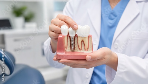 Dental professional showcasing a dental implant model featuring teeth and gums within a clinical setting aimed at educating patients about advancements in contemporary dental practices
