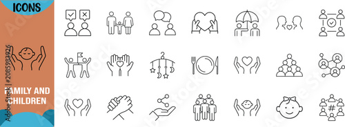 Family relationships care outline icons. baby icon set, family icon set, heart icon set