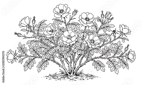 Photos Vintage wild rose bush vector illustration, botanical line art of a flowering br