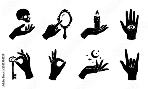 Bild auf Leinwand Mystical Hand Gestures Vector Icons: Skull, Mirror, Candle, Eye, Key, Moon, Rock