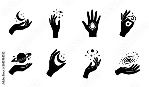 Foto Mystical Hands Holding Celestial Elements, Cosmic Symbols, Moon, Stars, Planets,
