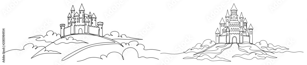 Fototapeta premium Fantasy medieval castles on hills with clouds in minimalist continuous line art style