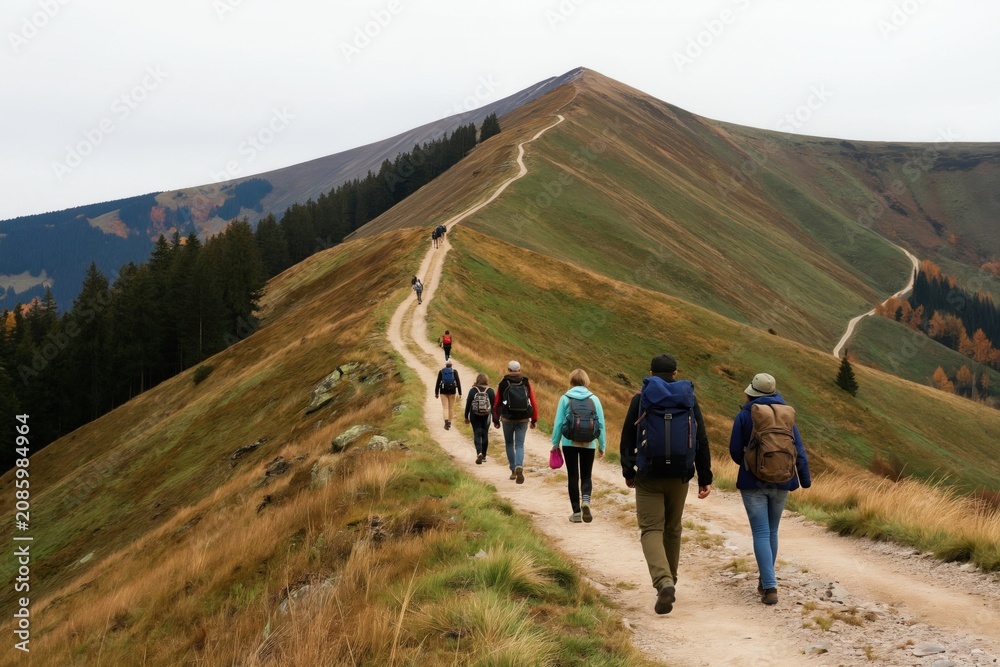 Fototapeta premium Group hikers ascends mountain ridge. People walk along winding path in grassy slopes, dense forest. Scenic view reveals rolling hills under cloudy sky. Outdoor adventure, exploration, nature travel.