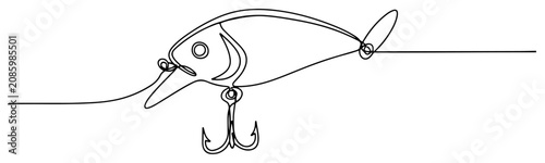 Obraz na płótnie Fishing lure wobbler with sharp hooks in continuous line art style