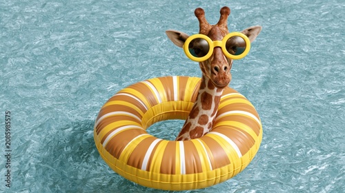 Funny giraffe wearing sunglasses floats in the water with a swim ring