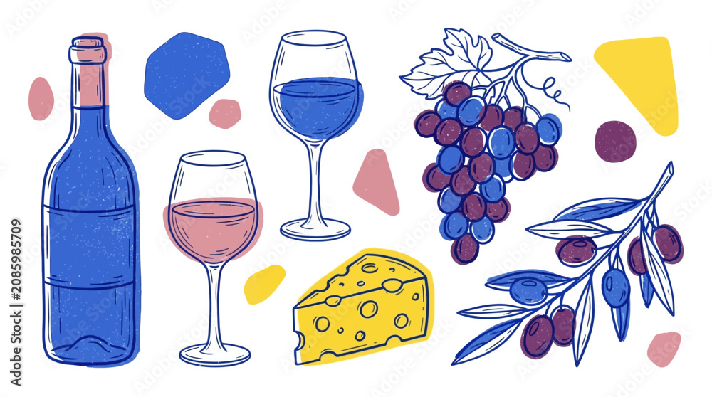 Fototapeta premium Hand-drawn wine and cheese illustration set with bottle, glasses, grapes, and olive branch