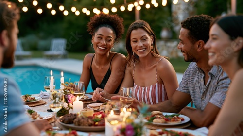 Friends enjoying a delightful backyard dinner party with string lights and a pool