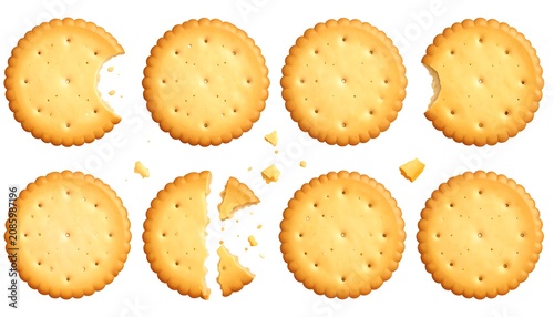 Close-up of eight round, golden-brown baked snacks. Some are intact, others show bites or breaks with crumbs