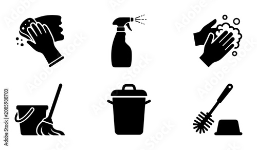 Obraz na plátně Cleaning Icons Set: Hygiene, Household Chores, Sanitation Tools, Home Care, Jani